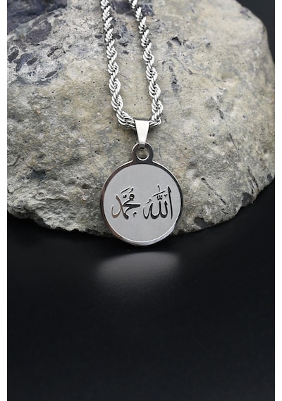 Allah Ve Muhammed Yazlı Kolye Paslanmaz Çelik Zincir 3mm 902083 Gümüş