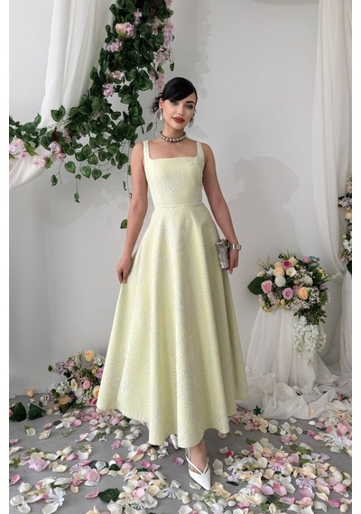 Nils Butik Askılı Kare Yaka Jakar Desenli Seraphine Midi Elbise Açık Sarı