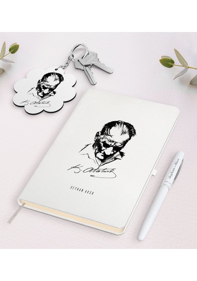 Kişiye Özel Atatürk Temalı Beyaz Defter Kalem ve Anahtarlık N11.2010 Beyaz