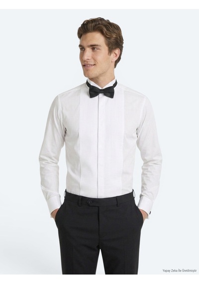 Kip Beyaz Düz Slim Fit Duble Manşet Smokin Gömlek Beyaz -
