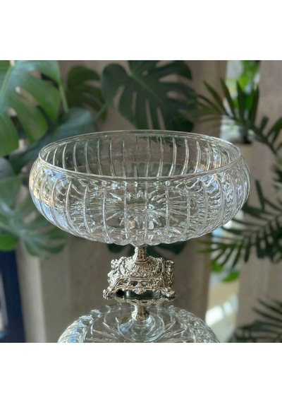 Alfafe Home Lotus Kristal 24 Cm Kesme Dekor Metal Ayaklı Salata Kasesi Cam Sunumluk- Servis Tabağı gümüş