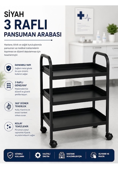 Siyah 3 Raflı Pansuman Ve Cihaz Arabası