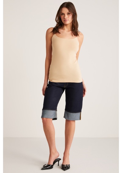 Ethıquet Khloe Kadın Slim Fit Dar Kesim Pamuklu İnce Askılı Kare Yaka Sıfır Kol Basic Bej Atlet