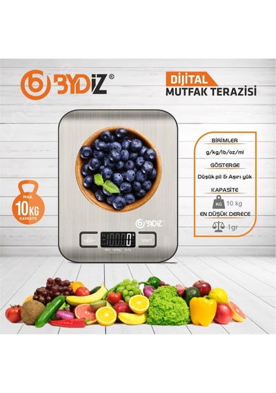 Bydiz Dijital Mutfak Terazisi 10 Kg Kapasiteli 1 Gr Hassasiyetli, Paslanmaz Çelik Hassas Mutfak Tartısı, Dara Fonksiy Diğer