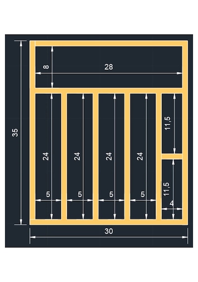 30x35 Cm Çok Bölmeli Ahşap Kaşıklık Ve Kepçelik Seti - Çekmece Düzenleyici- Ahşap Organizer