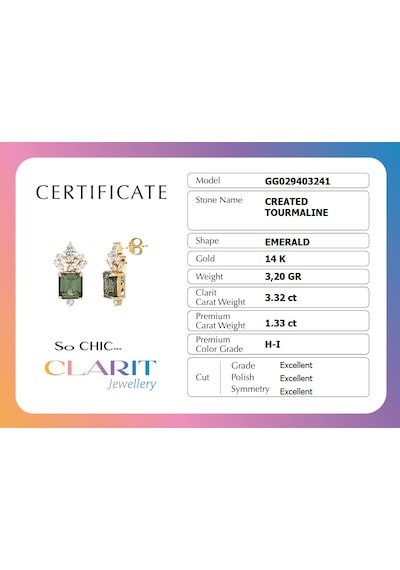Created Tourmaline Taşlı Zümrüt Kesim 14 Ayar Sarı Altın Küpe Çok Renkli