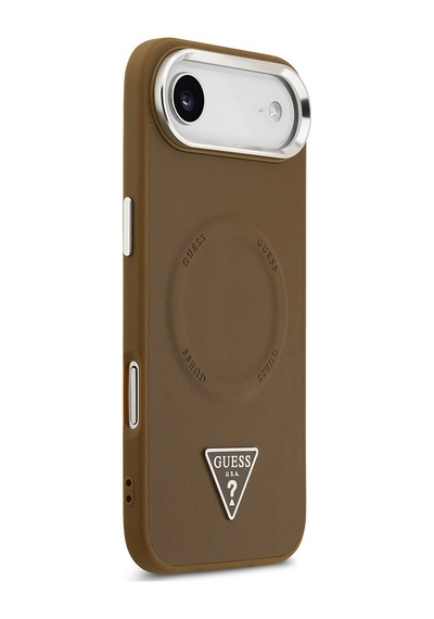 Apple Uyumlu iPhone 17 Air Kılıf Guess Lisanslı M-safeli Pu Deri Metal Kamera Çerçeve Üçgen Logo Kapak Kahverengi Kahverengi