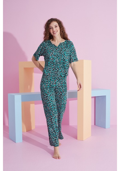 Siyah İnci Likralı Örme Pijama Takım 7803 Yeşil Leopar