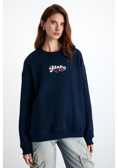 Grımelange Elınay Kadın Pamuklu Oversize Fit Ön Arka Baskı Detaylı Koyu Mavi Sweatshirt Grımelange Elınay Kadın Pamuklu Oversize Fit Ön Arka Baskı Detaylı Koyu Mavi Sweatshirt
