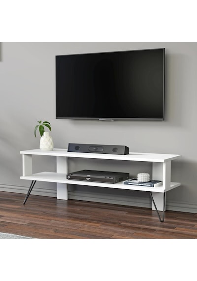 Duama TV Sehpası – Metal Ayaklı, Açık Raflı Tasarım, 120 cm, Beyaz