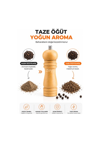 Bambu Ahşap Manuel Baharat Değirmeni Seramik Öğütme Mekanizmalı Karabiber, Kaya Tuzu Ve Taneli Baharat Öğütücü 16 Cm