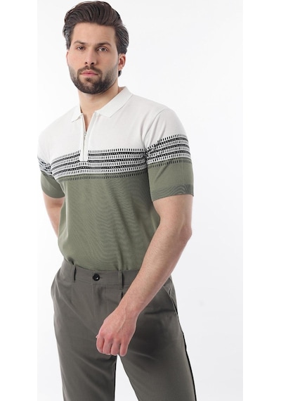 Madmext Beyaz Fermuarlı Polo Yaka Desenli Erkek T-shirt E7296 Beyaz