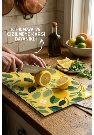 Limon Desenli Cam Kesim Tahtası - 25x35cm -dayanıklı Ve Pratik Kesim Matı Sarı