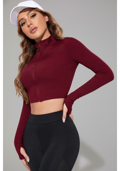 Fantezia Night Kadın Bordo Uzun Kol Fermuarlı Parmak Geçme Detaylı Dik Yaka Crop Top Bluz