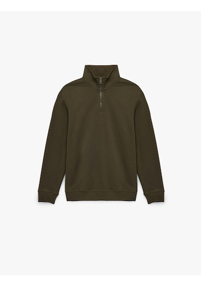 Koton Uzun Kollu Şardonlu Basic Yarım Fermuarlı Sweatshirt Haki 6wam70016mk