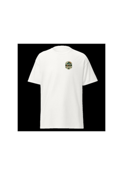 Wildstyle Dağ Havası Renkli Vintage Dağ Doğa Kamp Rozet Baskılı Unisex Bisiklet Yaka Pamuklu Tişört Beyaz