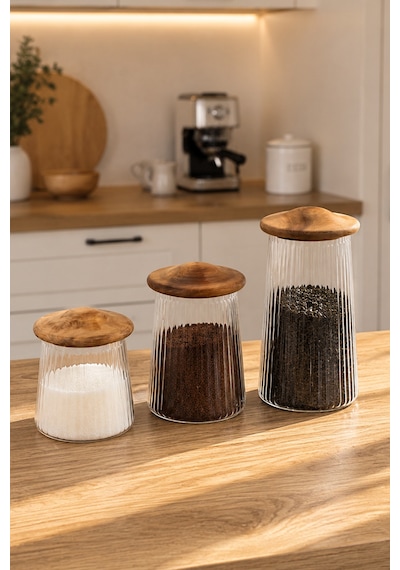 Porsima Mushroom Bambu Vakumlu Kapaklı Yuvarlak Borosilikat Cam 3lü Kavanoz Seti Saklama Kabı Cam - Şeffaf