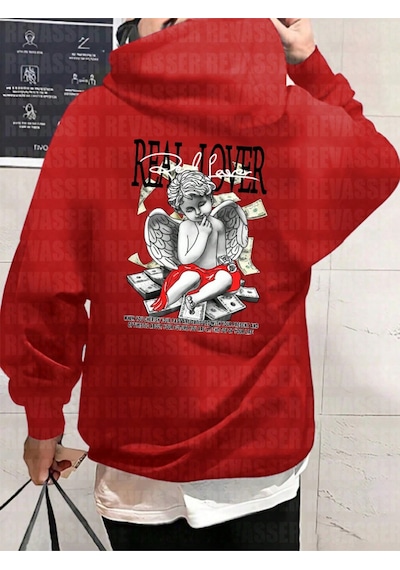 Startmore Kırmızı Unisex Oversize Real Lover Baskılı Bol Kesim Kapşonlu Şardonlu