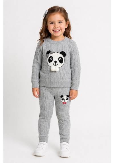 Babyhola 1-5 Yaş Kız Çocuk Panda Desenli Saç Örgü Kışlık Triko Takım 23217 Gri