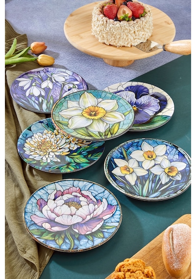 Grandora 6 Lı Çiçek Desenli Pasta Tabağı Seti 20 Cm - Pasta Ve Tatlı Tabak Seti Çok Renkli