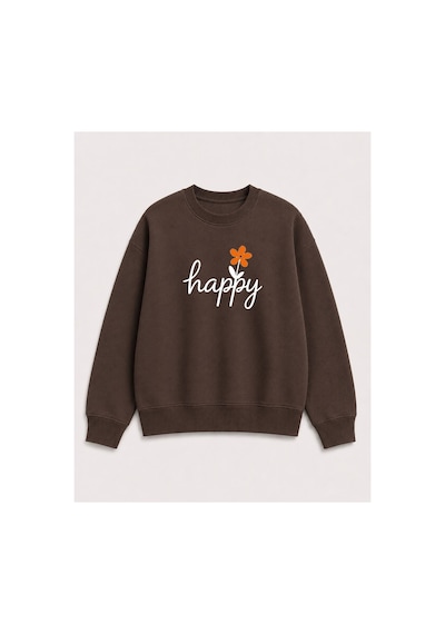 Herkesemoda Happy Baskı Detaylı Şardonlu 2 İplik Bisiklet Yaka Sweatshirt Kahverengi