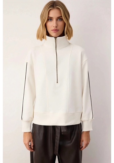 Benerly Kadın Dik Yaka Fermuarlı Düşük Kol Regular Kesim Örme Sweatshirt Ekru