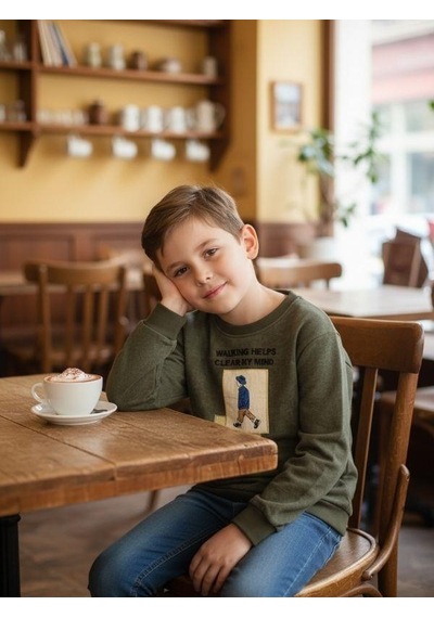 Zekids Erkek Çocuk Pamuklu Clear My Mind Yazılı Batik Desenli Sweatshirt-16333 Haki