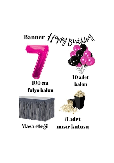 7 Yaş Pembe Balon Rakam Folyo Banner Mısır Kutusu Masa Eteği Doğ