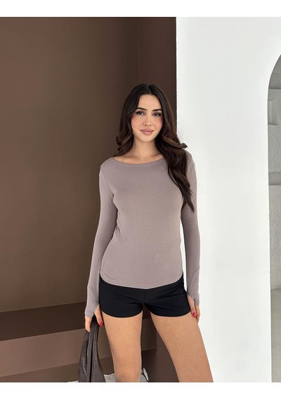 Elaxi Kadın Kayık Yaka Parmak Geçmeli Uzun Kollu Full Likralı Pamuk Viskon Buzzy Body Tişort Vizon Elaxi Kadın Kayık Yaka Parmak Geçmeli Uzun Kollu Full Likralı Pamuk Viskon Buzzy Body Tişort Vizon