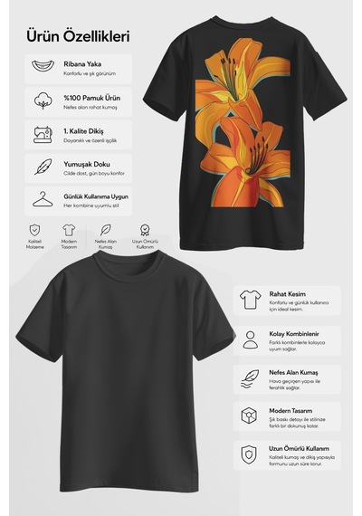 Spoyi Orange Lily Tasarımlı %100 Pamuk Yarım Oversize Siyah T-shirt