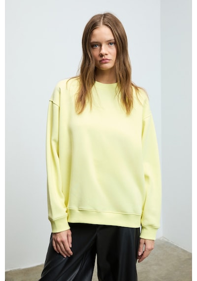 Grımelange KARIUS Kadın Organik Pamuklu İçi Polarlı Oversize Yuvarlak Yakalı Sarı Sweatshirt