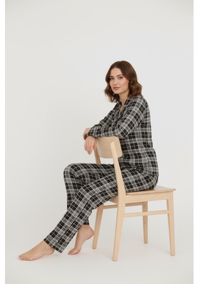 Luxury Viscose Siyah Beyaz Ekose Desenli Kadın Uzun Kollu Pijama Takımı 42575 Gümüş