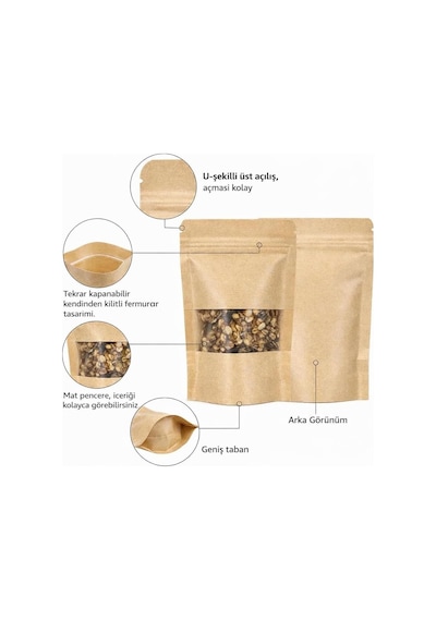 Pencereli Kraft Doypack Dik Duran Poşetler 50 Li Paket, Şeffaf Pencereli, Kilitli Ziplock Ve Kolay Açma Çentikli, Çok Amaçlı Gıda Saklama Poşetleri 13 Cm 22 Cm