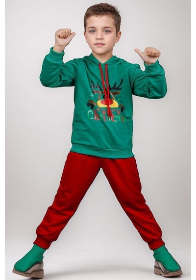 Riccotarz Kız Erkek Merry Christmas Ve Geyik Baskılı Yeni Yıl Yeşil Eşofman Takım