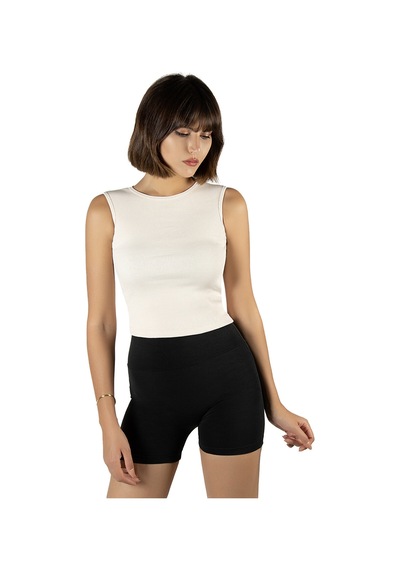 Terapi Men Krem Fitted/vücuda Oturan Crop Halter Yaka Fitilli Esnek Örme Bluz Atlet Krem
