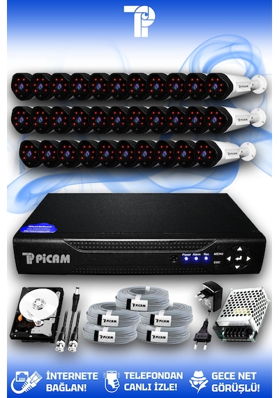 Picam 32 Kameralı Uzay 32 Dış Kamera Set 2 TB HDD Full HD Gece Görüşlü Güvenlik Kamerası Sistemi