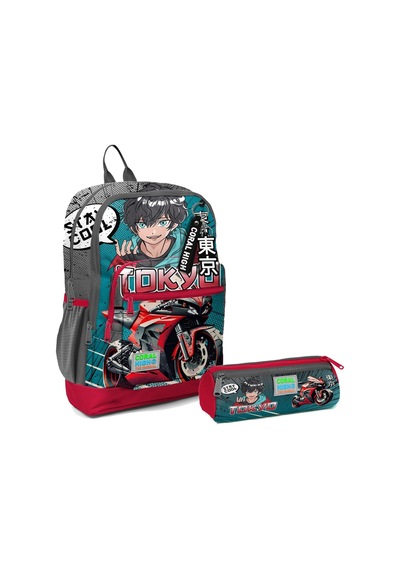 Coral High İlkokul Sırt Çantası ve Kalemlik Seti - Gri Nefti Anime Motorsiklet - Erkek Çocuk