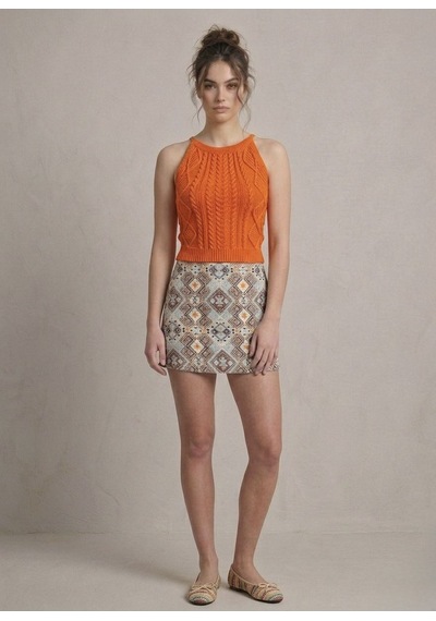 Neden Tekstil Kadın Triko Örme Halter Yaka Crop Bluz - Turuncu