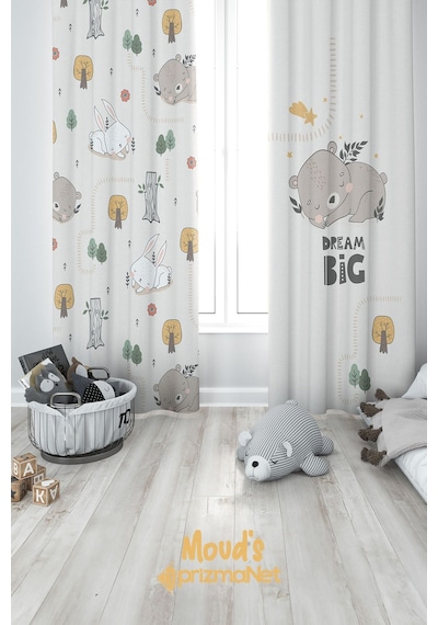 Tavşan Ve Ayıcık-2 Desenli Baskılı Çocuk Ve Bebek Odası Fon Perdesi 2 Kanat - Prd-04-2 Çok Renkli