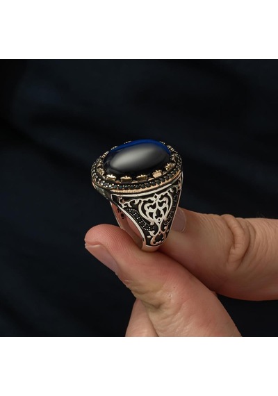 Mavi Kaplan Gözü Taşlı 925 Gümüş Erkek Yüzük Beyaz