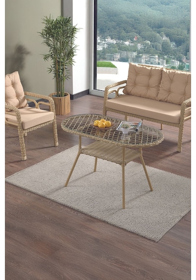 Rio Rattan Bahçe Balkon Oturma Takımı 2+1+1+camlı Masa Cappuccino Cappuccino