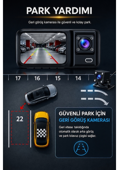 3 Kameralı Araç İçi Kamera Full HD 1080P Ön Arka İç Kamera IR Gece Görüşü G-Sensör Dashcam