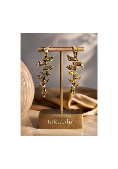 Atros Yeşil Bakır Renk Zirkon Taşlı Vintage Dokulu Sallantılı Form Premium Küpe Seti Kadın Sarı
