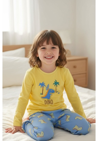 Aden Kids Pamuk Çocuk Uzun Kollu İnce Pijama Takımı - Petrol Mavisi