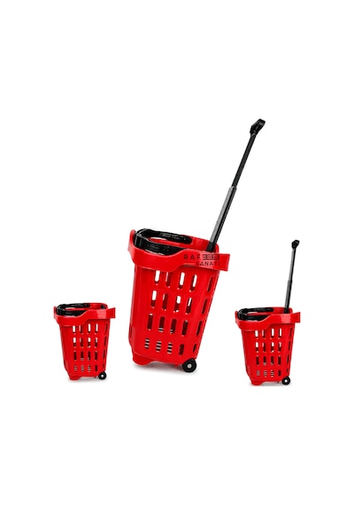 5 Adet - 43 Lt Tekerlekli Market Sepeti Plastik Alışveriş Sepeti Ergonomik Çift Saplı Kırmızı