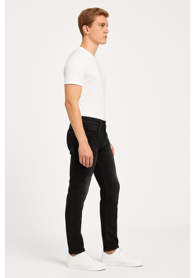 Erkek Slim Fit Dar Paça Esnek Likralı Denim Jeans Kot Pantolon - 7410 Siyah