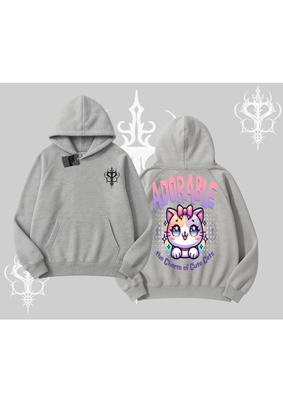 Startmore Adorable Kawaii Kedi Arka Baskılı Kapşonlu Sweatshirt Gri