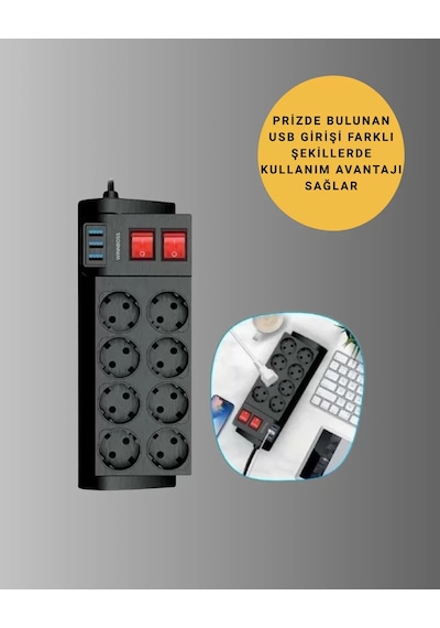 Termal Korumalı 8 Prizli 3 Usb Li Uzatma Kablosu Yeni Nesil Renkli
