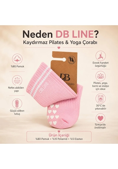 Genel Db Lıne Kaydırmaz Yoga Pilates Çorabı 4'lü Pamuklu Silikon Taban, Barre S Pembe / 36-40 / 4 Adet