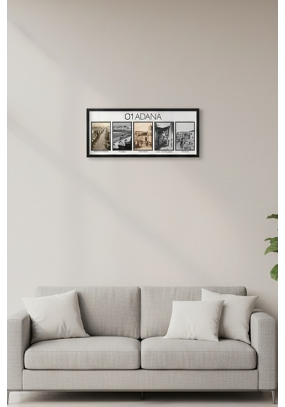 Adana Nostalji Tablosu Siyah Beyaz Eski Adana Fotoğrafları Çerçeveli Uv Baskı Mdf 25x60 Cm